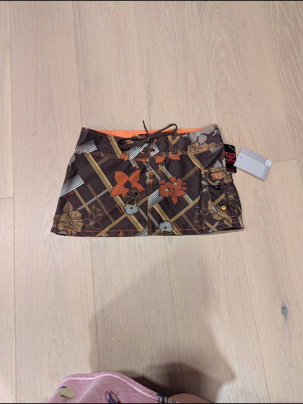 Ezekiel Brown Mini Board Skirt with Orange Floral Print Y2K Deadstock